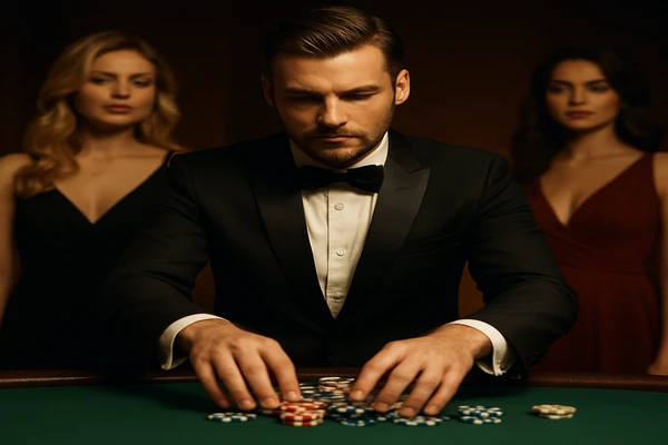 একজন নারী ল্যাপটপে অনলাইন গেম খেলে আনন্দিত হচ্ছেন, চারপাশে জ্বলজ্বল করা ক্যাসিনো পরিবেশ ছড়িয়ে পড়েছে